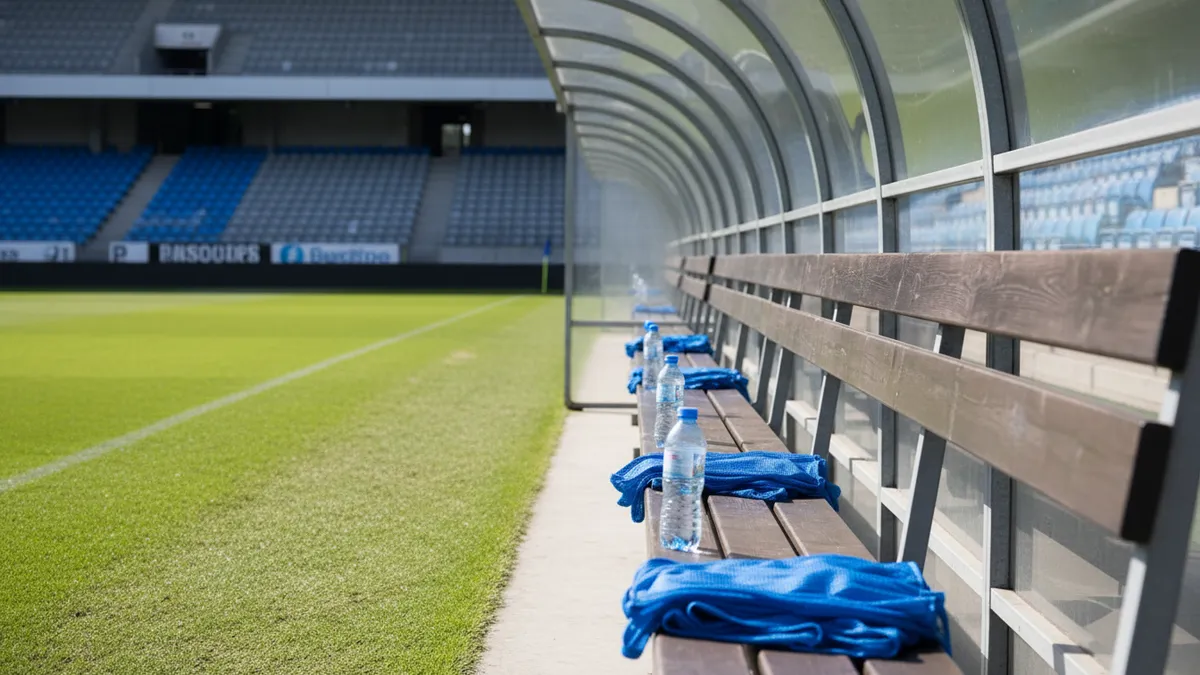 El banquillo vacío de la UEFA Champions League, con botellas y petos de entrenamiento.