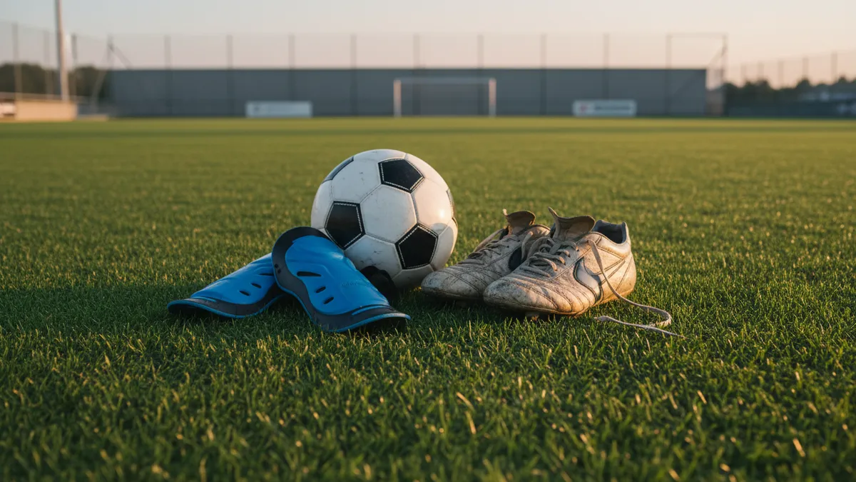 Un balón de la UEFA Champions League, espinilleras y botas en el césped.