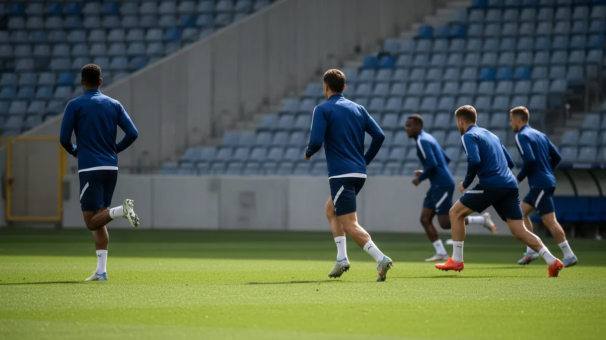 Suplentes calentando en la línea de banda de la UEFA Champions League, vistos de espaldas.