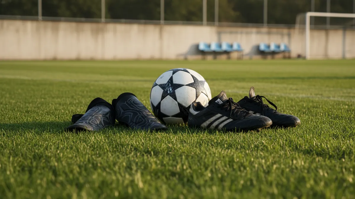 Un balón de la UEFA Champions League, espinilleras y botas de fútbol sobre el césped.