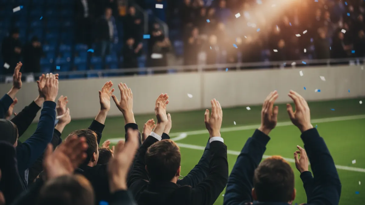 Manos de aficionados levantadas en las gradas de la UEFA Champions League.