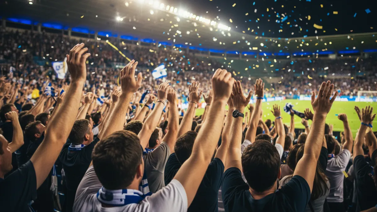 Manos de aficionados levantadas en las gradas de la UEFA Champions League celebrando un gol.