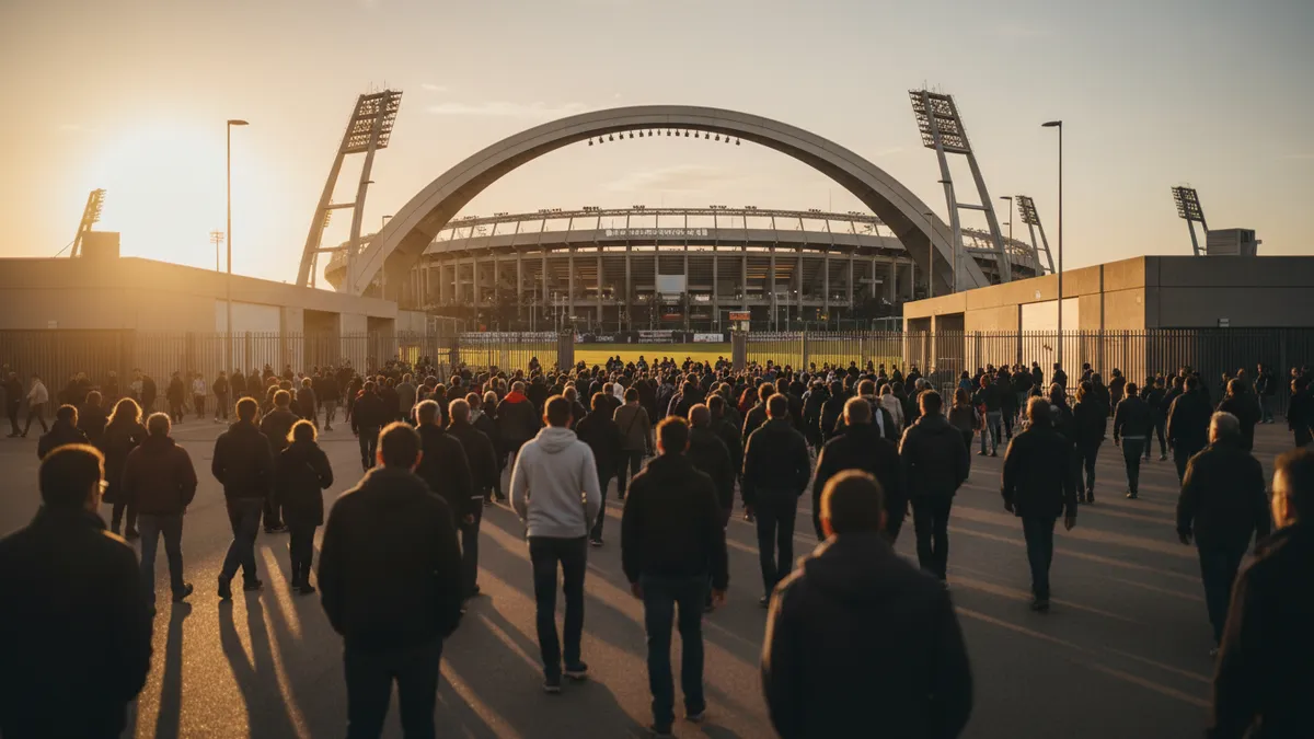 Aficionados de fútbol caminando hacia las puertas iluminadas del estadio antes de un partido de la UEFA Champions League.
