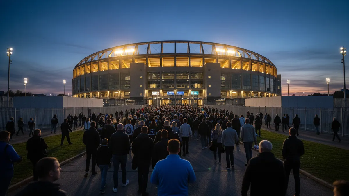 Aficionados caminan hacia las puertas iluminadas de un estadio de la UEFA Champions League.