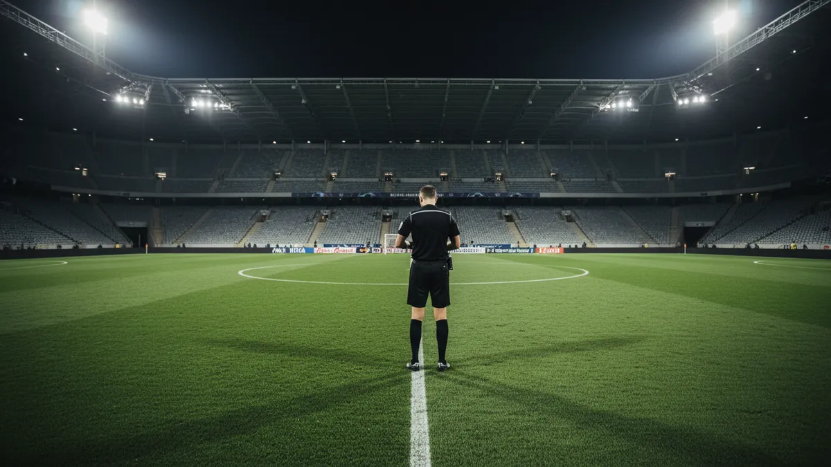 Un árbitro de la UEFA Champions League, de espaldas, consultando su reloj.