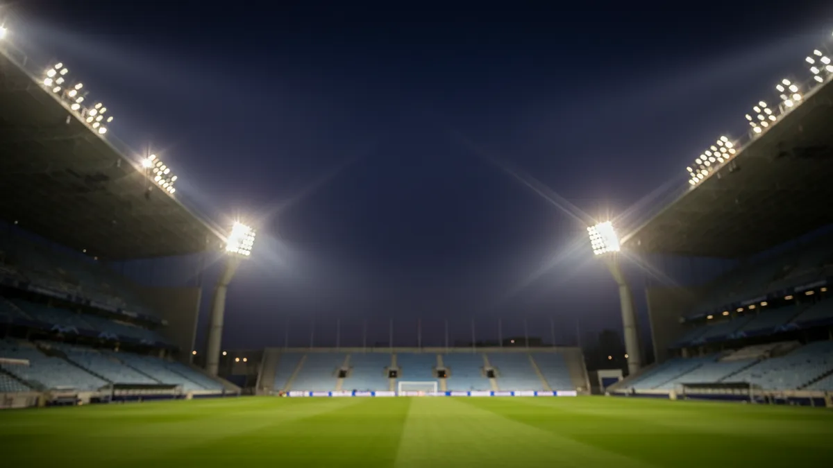 Luces del estadio de la UEFA Champions League, encendidas al anochecer.