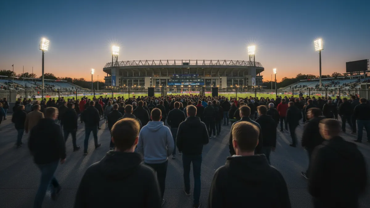 Aficionados de la UEFA Champions League caminando hacia las puertas del estadio al anochecer.