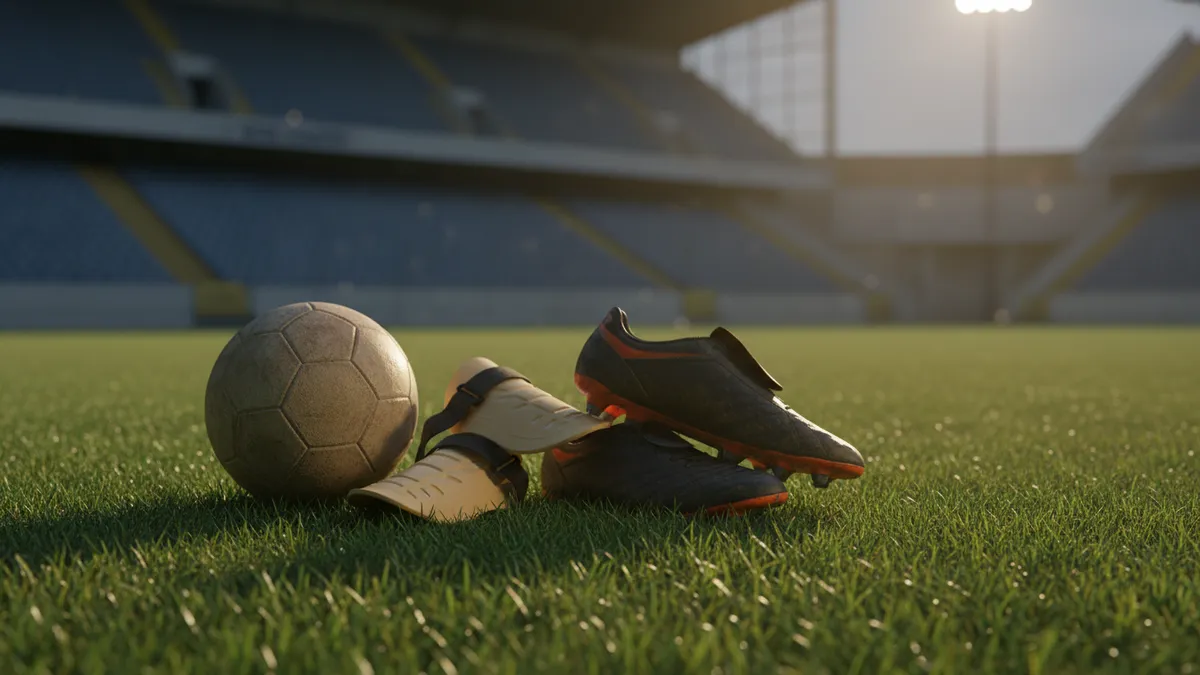 Un balón de la UEFA Champions League, espinilleras y botas de fútbol en el césped.