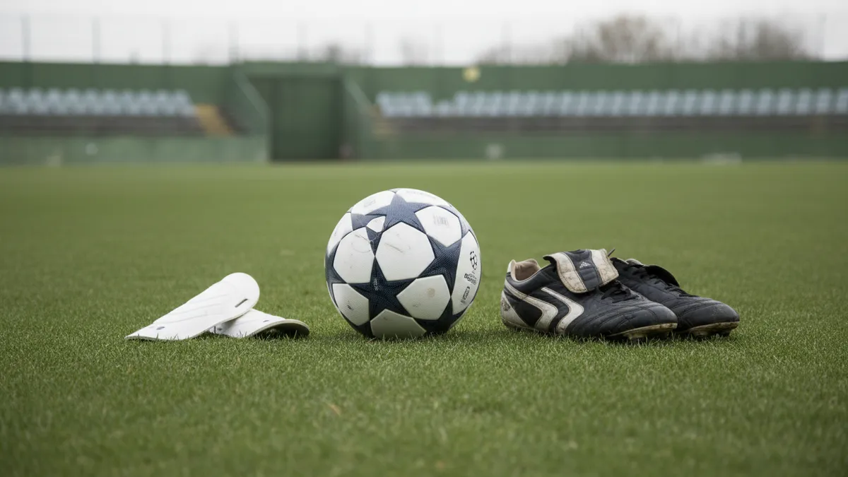 Balón, espinilleras y botas de fútbol sobre el césped, antes de un partido.
