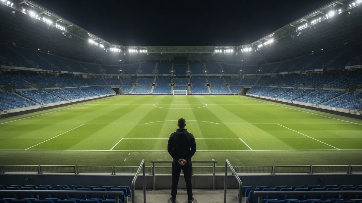 Un aficionado solitario de espaldas en un estadio de noche iluminado por los focos.