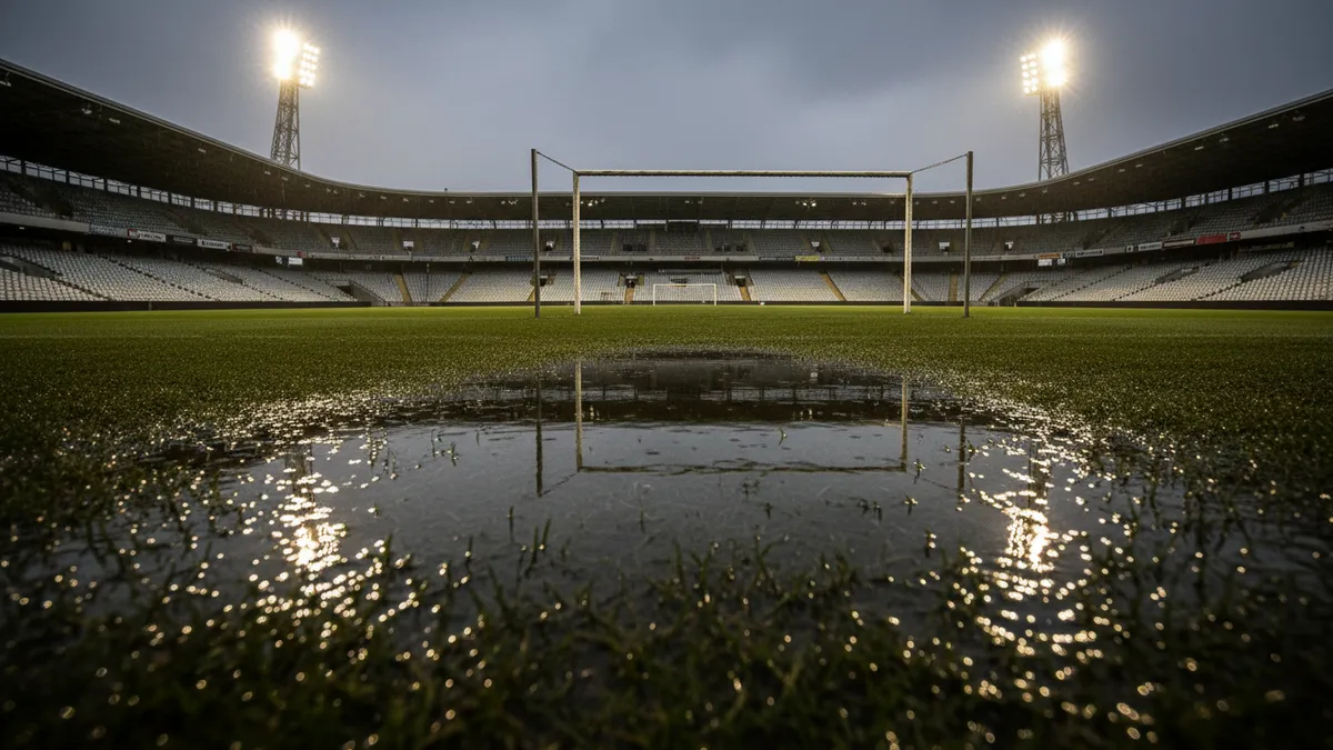 Césped de fútbol mojado por la lluvia, con los focos del estadio reflejados.