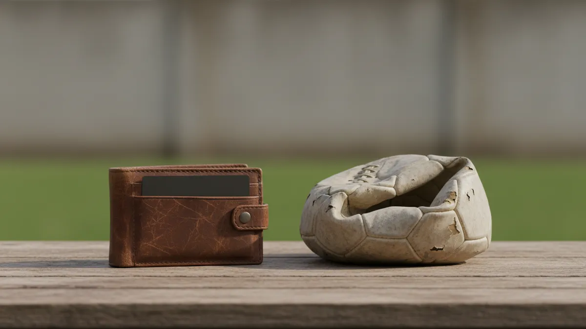 Una cartera de cuero y una tarjeta bancaria junto a un balón de fútbol desinflado.