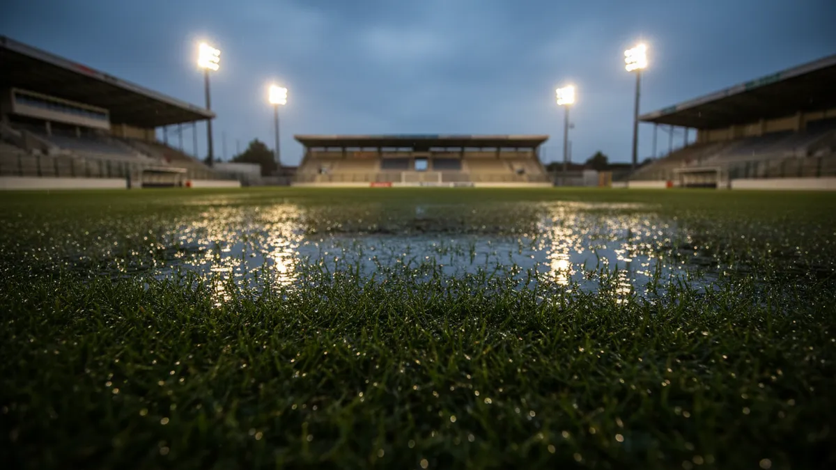 El campo de fútbol mojado por la lluvia refleja los focos del estadio.