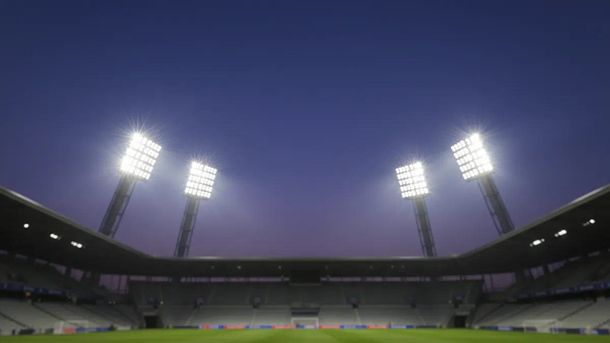 Las luces del estadio de la UEFA Champions League contra el cielo nocturno.