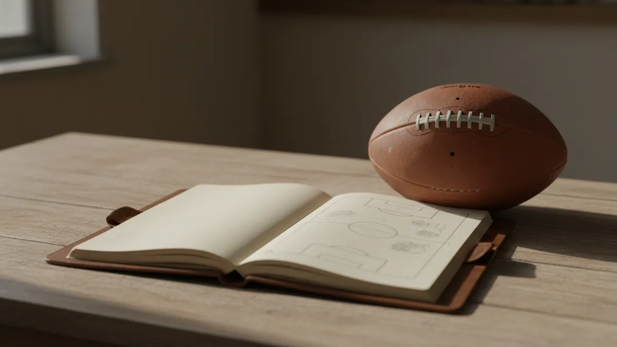 Un cuaderno con un boceto de campo de fútbol y un balón en una mesa.