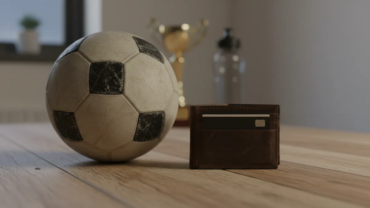 Una cartera de cuero con tarjeta y un balón de fútbol sobre una mesa de madera.