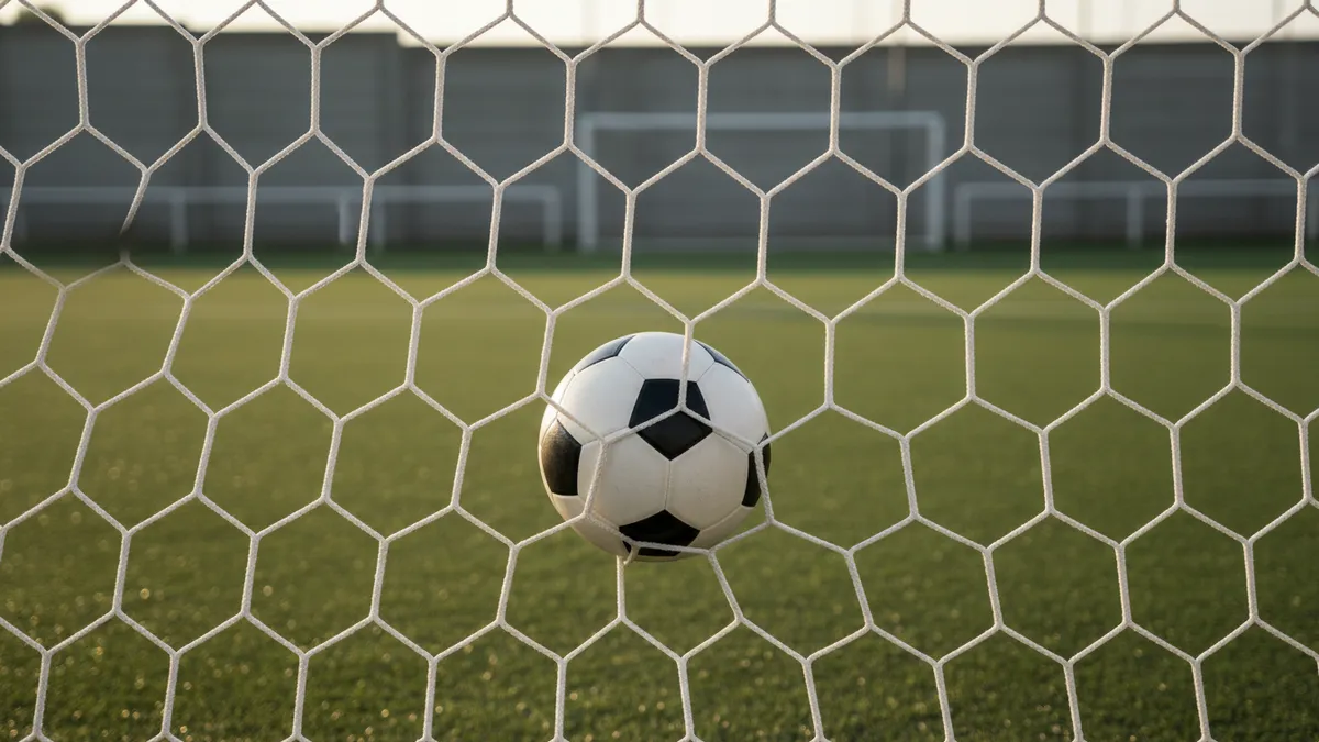 La red de la portería vista desde atrás, un balón en ella.