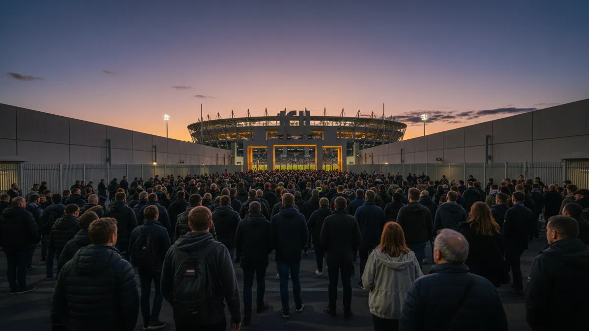 Aficionados de la UEFA Champions League caminando hacia el estadio antes de un partido.