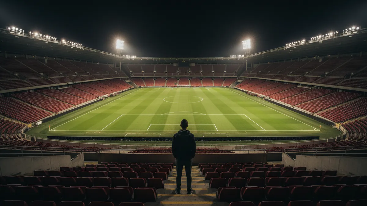 Aficionado solitario en la tribuna vacía de un estadio de la UEFA Champions League.
