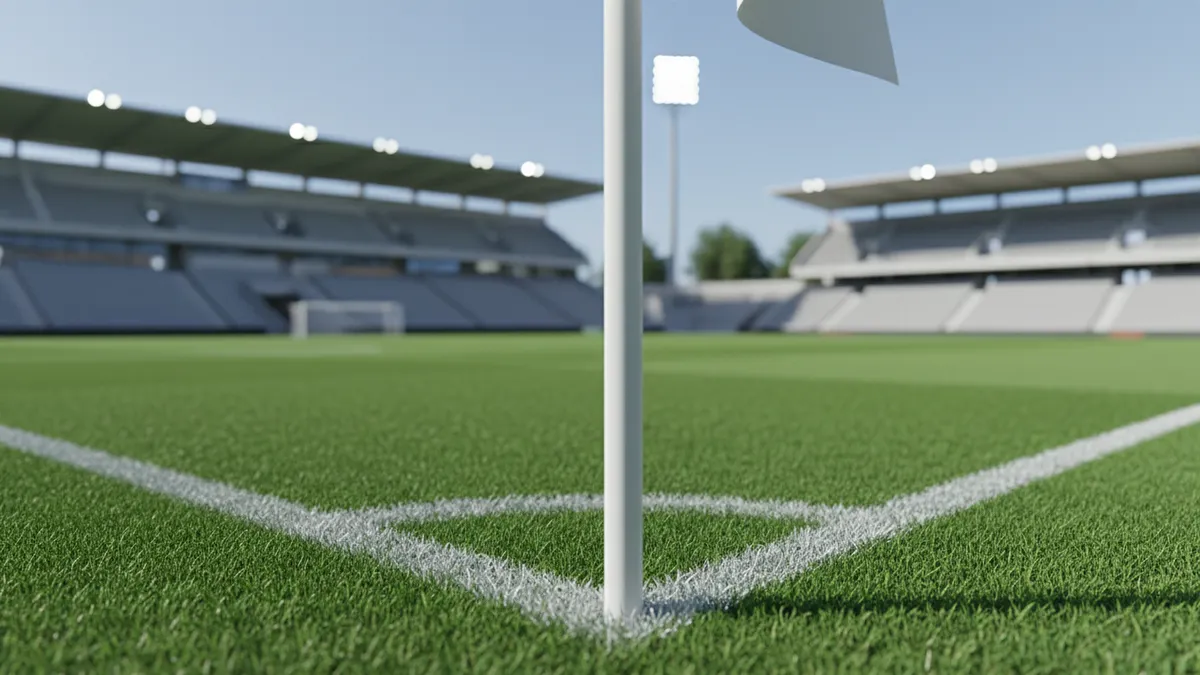Un banderín de esquina y el arco en el césped de la Champions League.