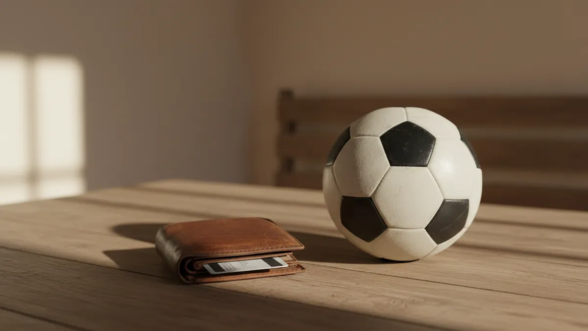Una cartera con una tarjeta bancaria boca abajo y un balón de fútbol sobre una mesa.