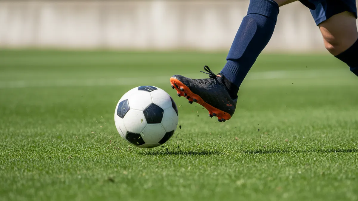 Bota de futbolista golpeando el balón, congelada en movimiento, en la UEFA Champions League.