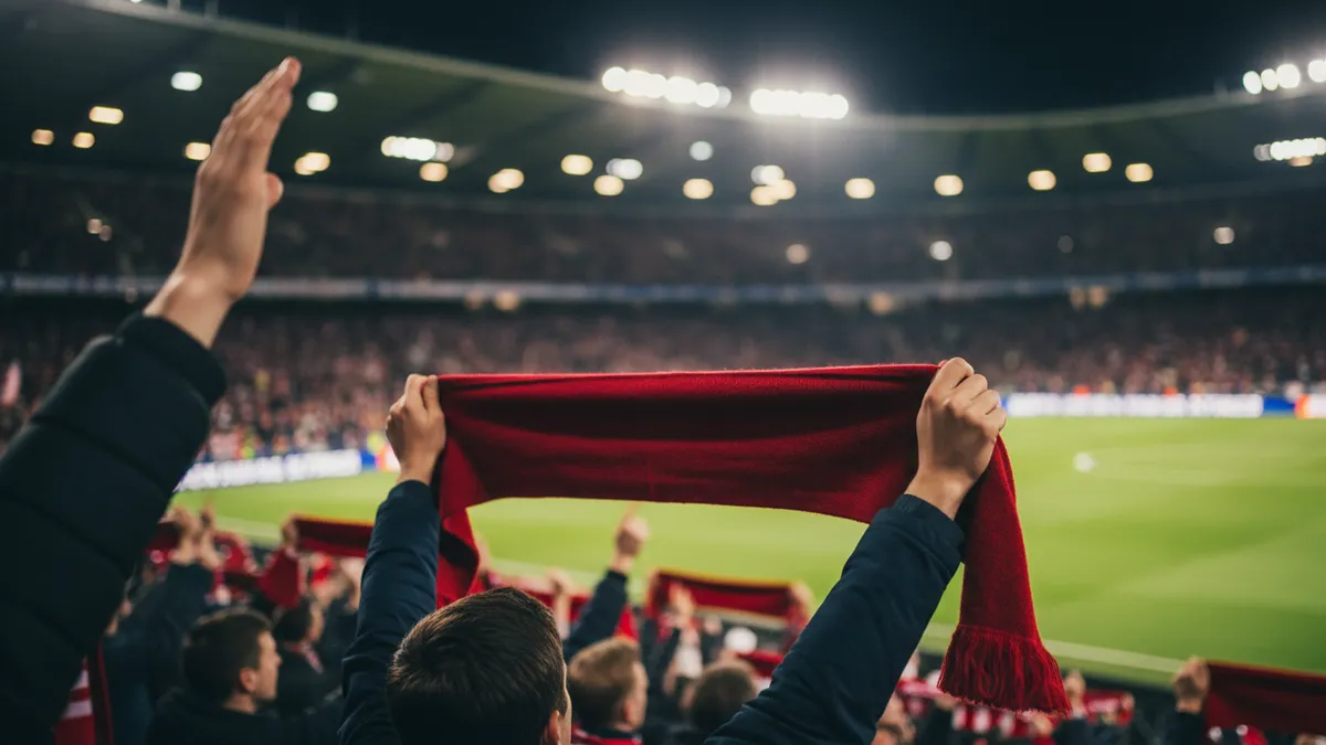 Aficionado en las gradas levantando una bufanda lisa en un partido de la UEFA Champions League.
