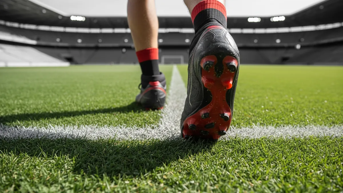 Botas de jugador sobre la línea blanca del campo de la UEFA Champions League.