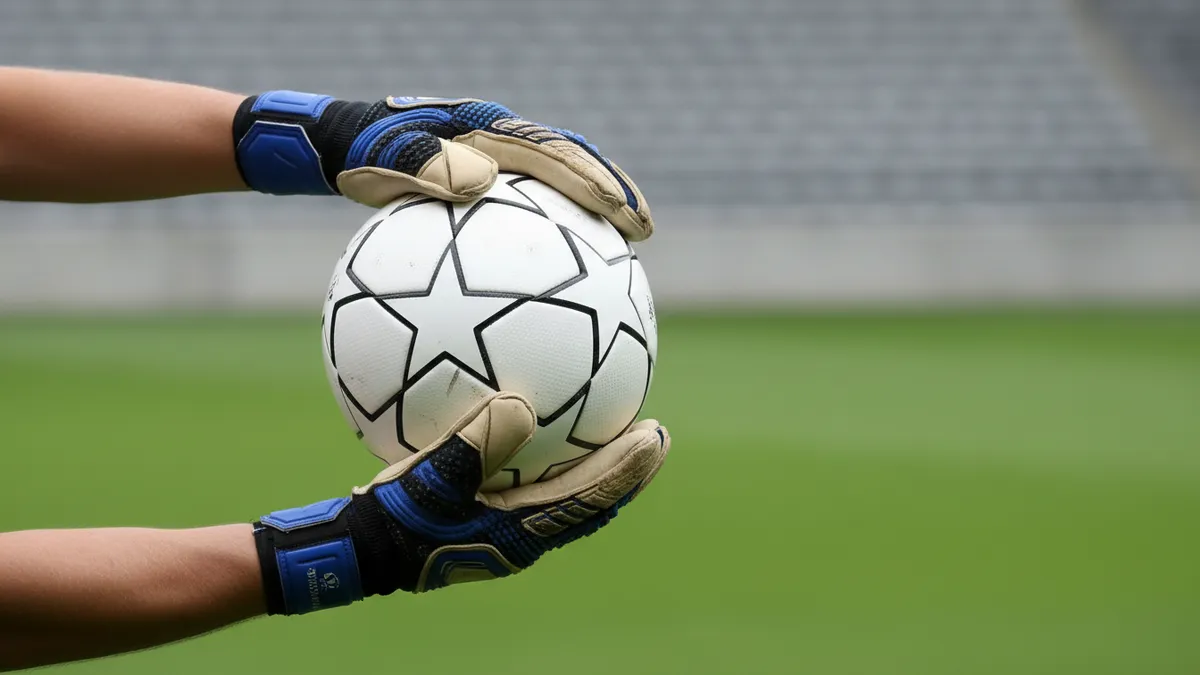 Manos enguantadas de portero sujetando un balón oficial de la UEFA Champions League.