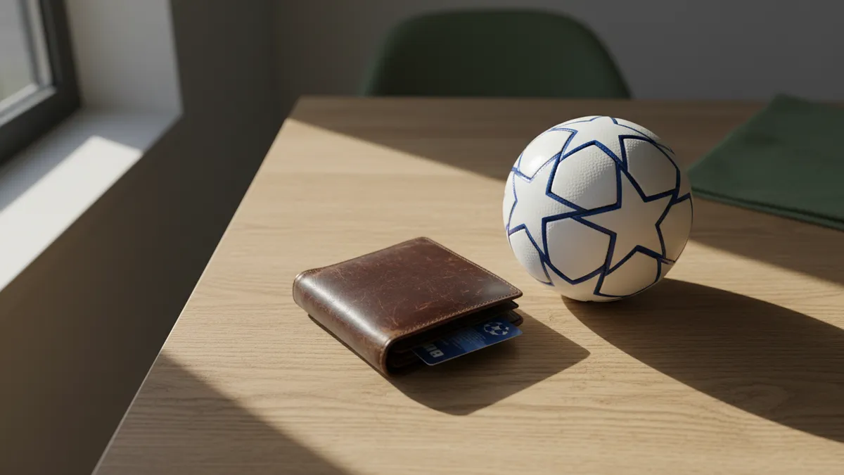 Cartera con tarjeta bancaria boca abajo y un balón de fútbol sobre una mesa.