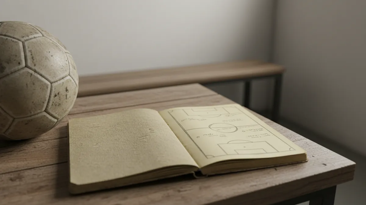 Un cuaderno abierto con marcas de lápiz y un balón de fútbol sobre una mesa.