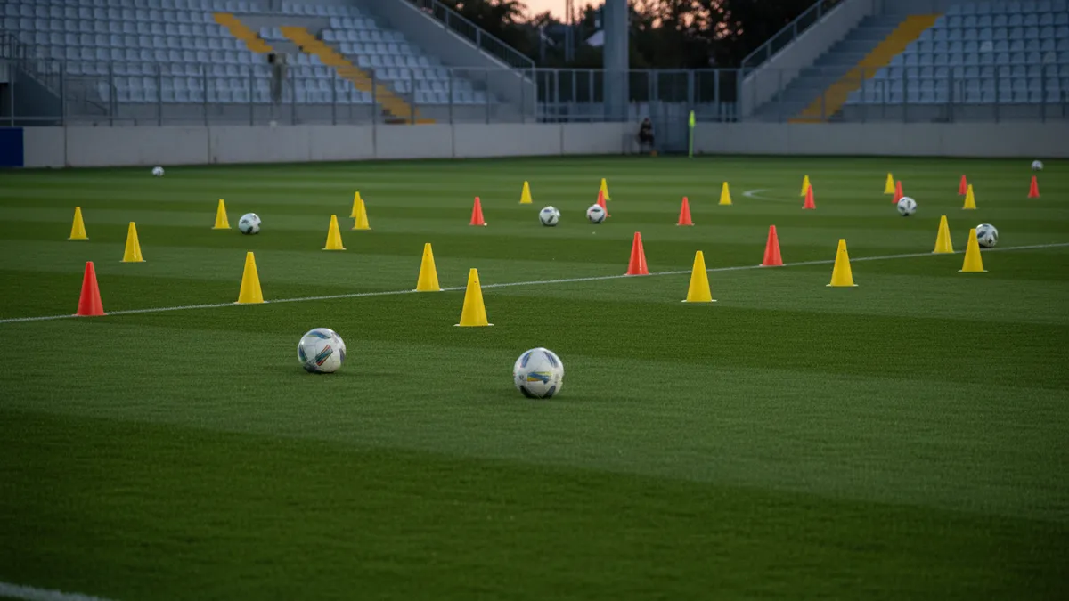 Conos y balones de entrenamiento en el césped antes de una sesión de la UEFA Champions League.