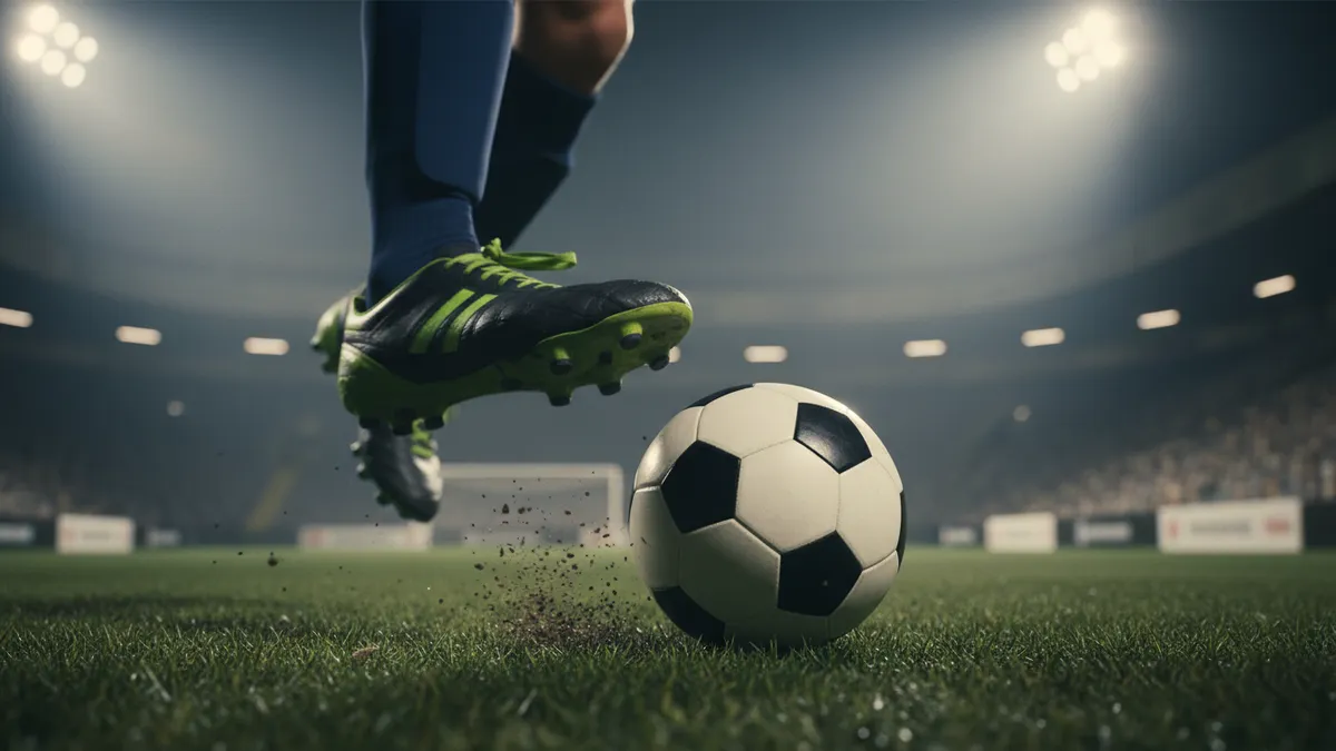 Una bota de fútbol a punto de golpear el balón en un partido de la UEFA Champions League.