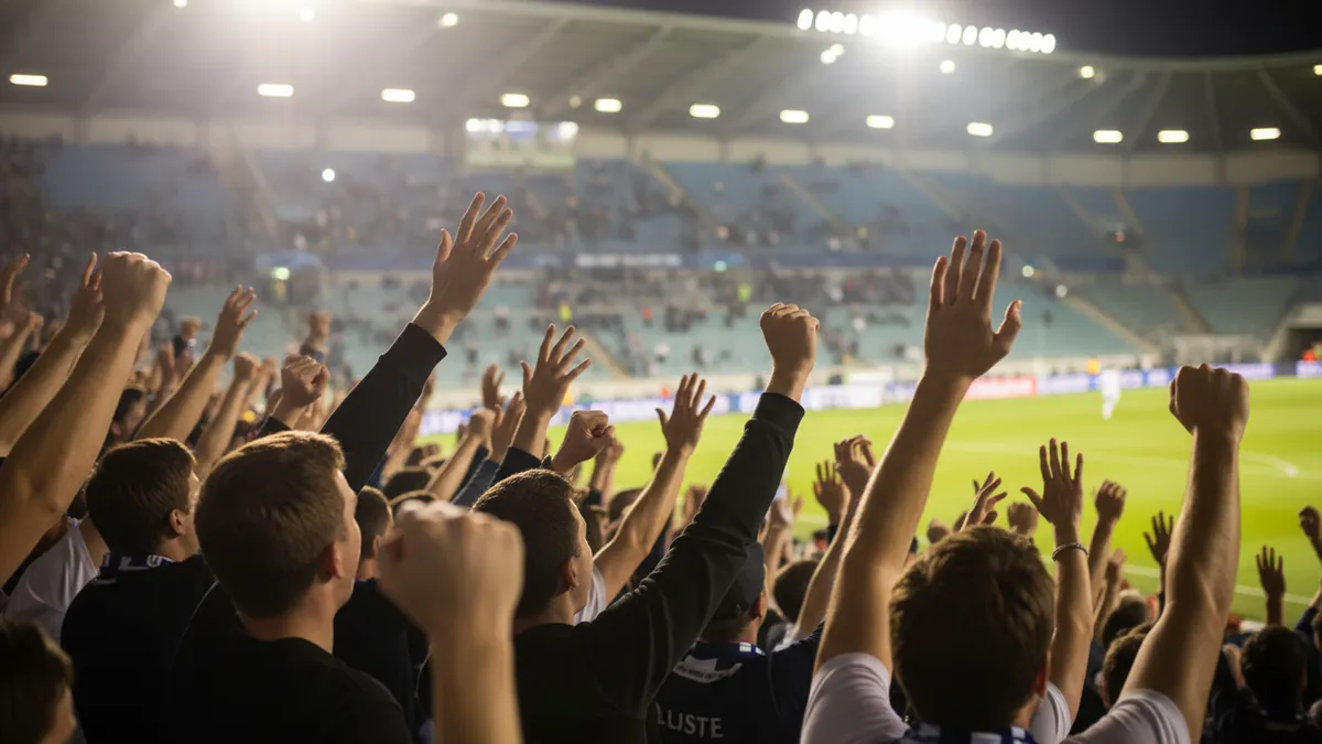 Manos levantadas de aficionados celebrando un gol en la UEFA Champions League.